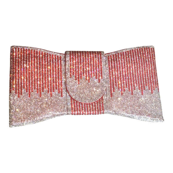 Handbags - Women's Pavé Red & Silver Rhinestone Bowtie Shape Clutch Handbag Purse